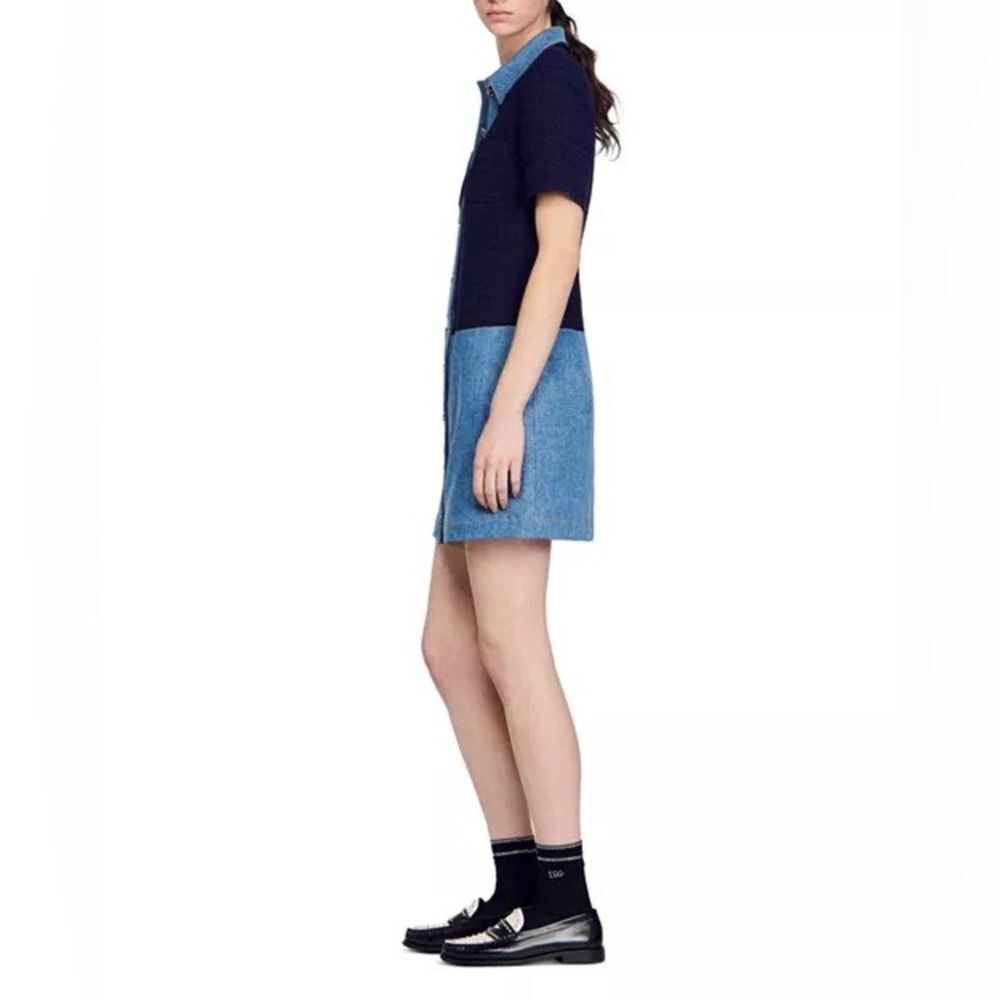 Sandro Brooke Mixed Media Shirt Dress Size US 2 / FR 34 Blue Tweed and Denim - Picture 15 of 16